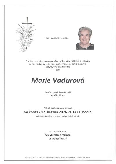 Smuteční oznámení – Marie Vaďurová