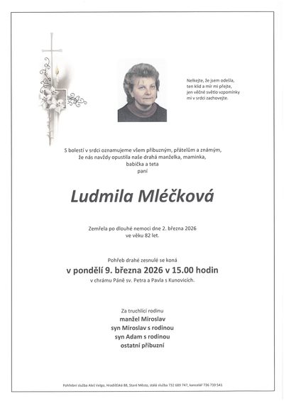 Smuteční oznámení – Ludmila Mléčková