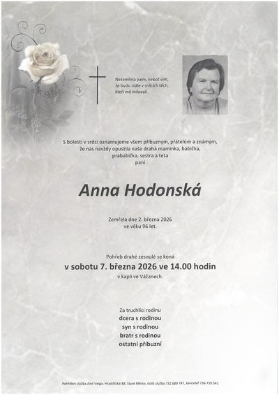 Smuteční oznámení – Anna Hodonská