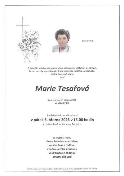 Smuteční oznámení – Marie Tesařová