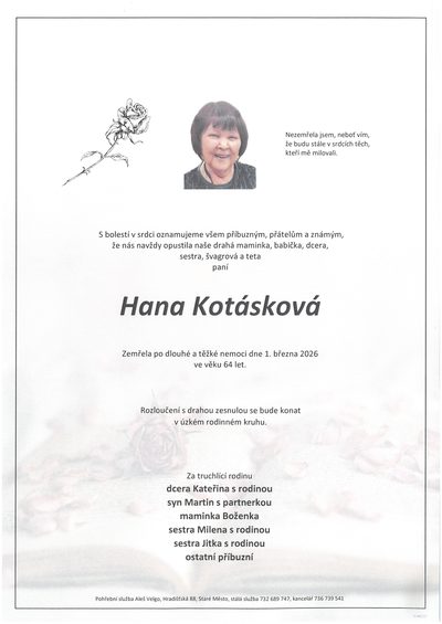 Smuteční oznámení – Hana Kotásková