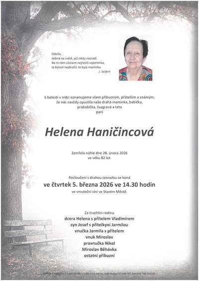 Smuteční oznámení – Helena Haničincová