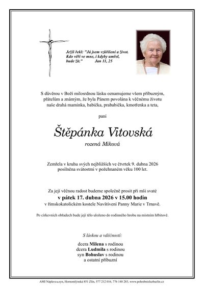 Smuteční oznámení – Štěpánka Vitovská