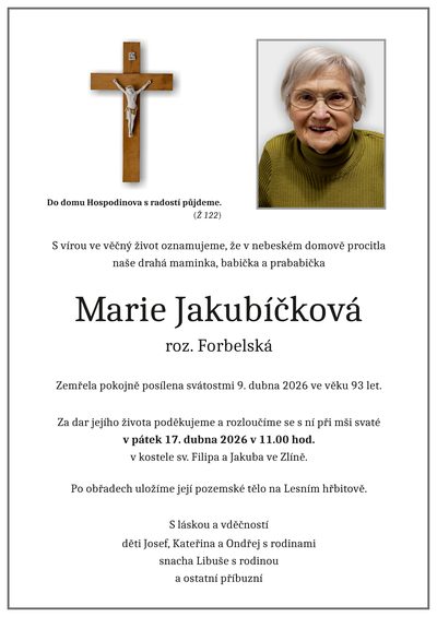 Smuteční oznámení – Marie Jakubíčková