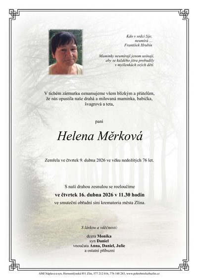 Smuteční oznámení – Helena Měrková