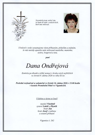 Smuteční oznámení – Dana Ondřejova