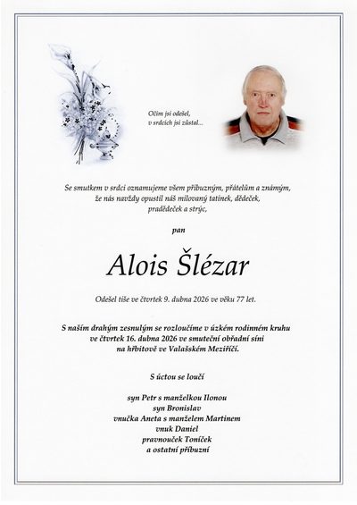 Smuteční oznámení – Alois Šlézar