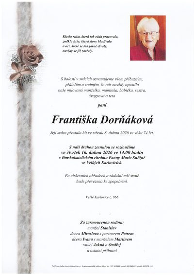 Smuteční oznámení – Františka Dorňáková