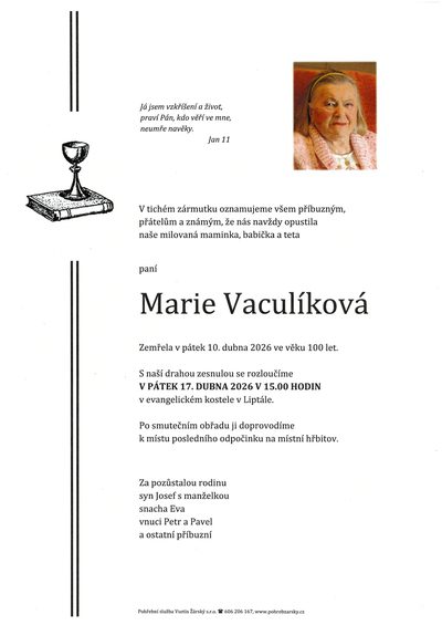 Smuteční oznámení – Marie Vaculíková