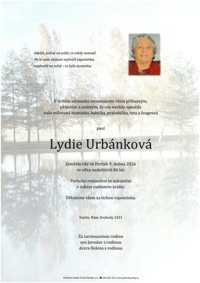 Smuteční oznámení – Lydie Urbánková