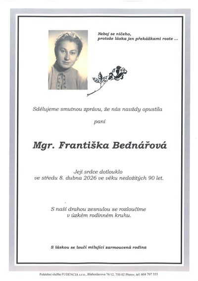 Smuteční oznámení – Františka Bednářová