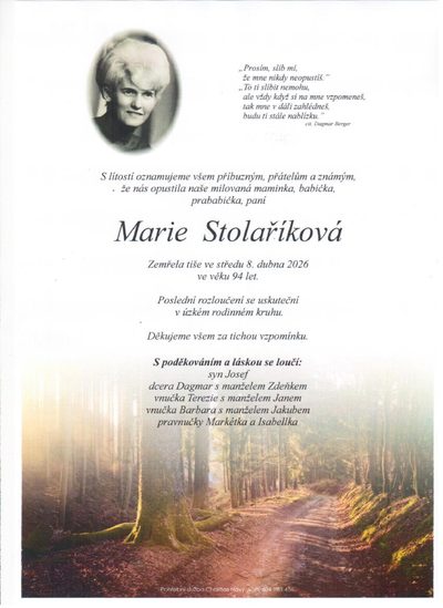 Smuteční oznámení – Marie Stolaříková