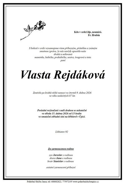 Smuteční oznámení – Zemřela Rejdáková