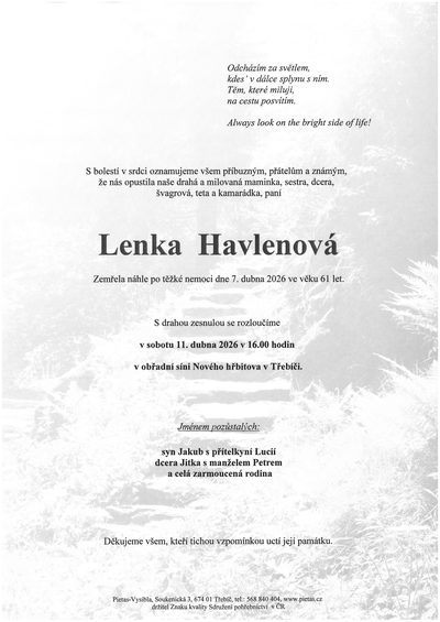 Smuteční oznámení – Lenka Havlenová