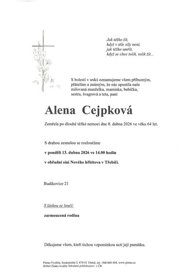 Smuteční oznámení – Alena Cejpková