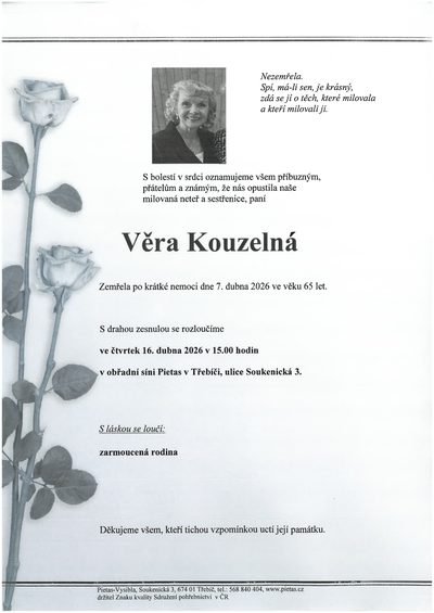 Smuteční oznámení – Věra Kouzelná
