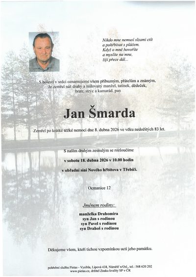 Smuteční oznámení – Jan Šmarda