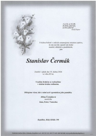 Smuteční oznámení – Stanislav Čermák