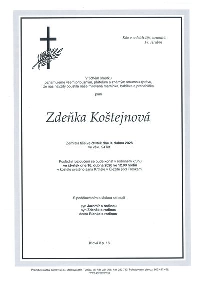 Smuteční oznámení – Zdeňka Koštejnová