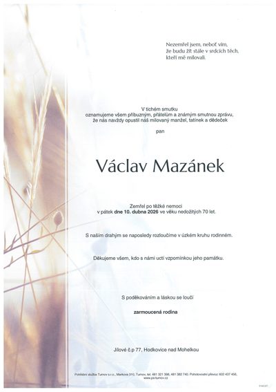 Smuteční oznámení – Václav Mazánek