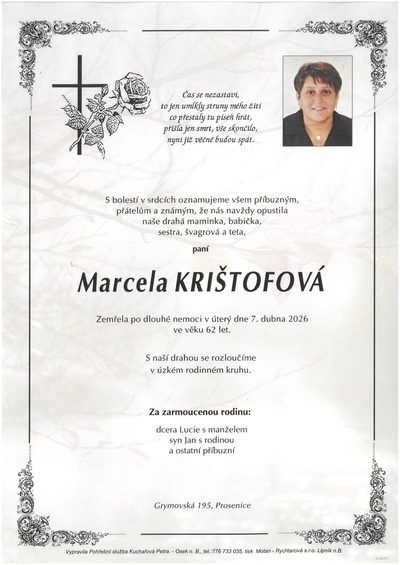 Smuteční oznámení – Marcela Krištofová