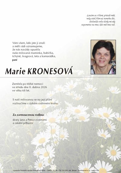 Smuteční oznámení – Marie Kronesová