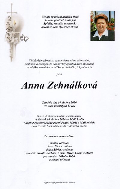 Smuteční oznámení – Anna Zehnálková