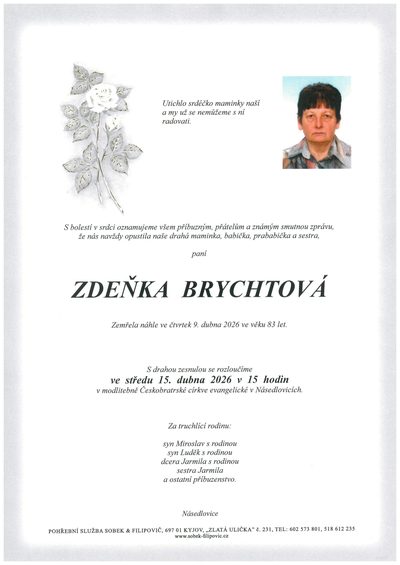 Smuteční oznámení – Zdeňka Brychtová