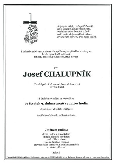 Smuteční oznámení – Josef CHALUPNÍK
