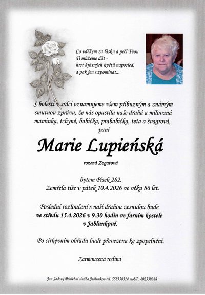 Smuteční oznámení – Marie Cupieňská