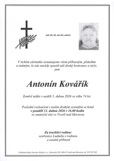 Smuteční oznámení – Antonín Kovářík