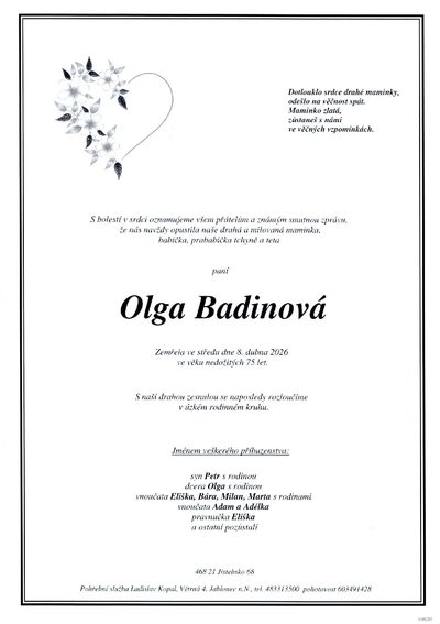 Smuteční oznámení – Olga Badinová