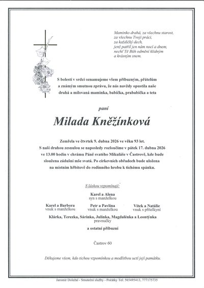 Smuteční oznámení – Milada Kněžínková