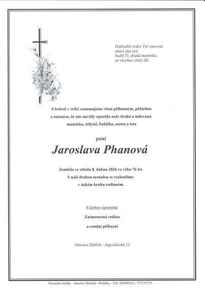 Smuteční oznámení – Jaroslava Phanová