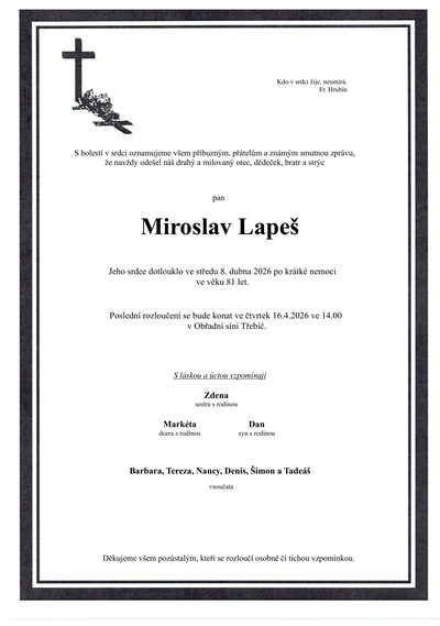 Smuteční oznámení – Miroslav Lapeš