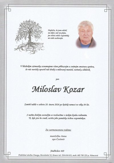 Smuteční oznámení – Miloslav Kozar