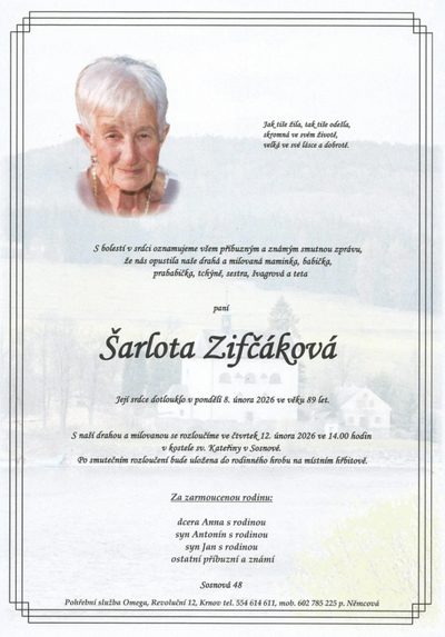 Smuteční oznámení – Šarlota Zifčáková