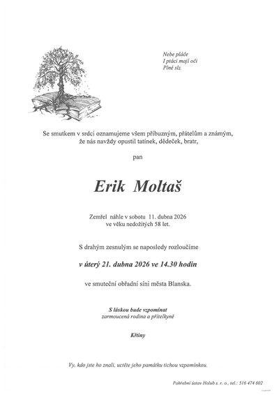 Smuteční oznámení – Erik Moltaš
