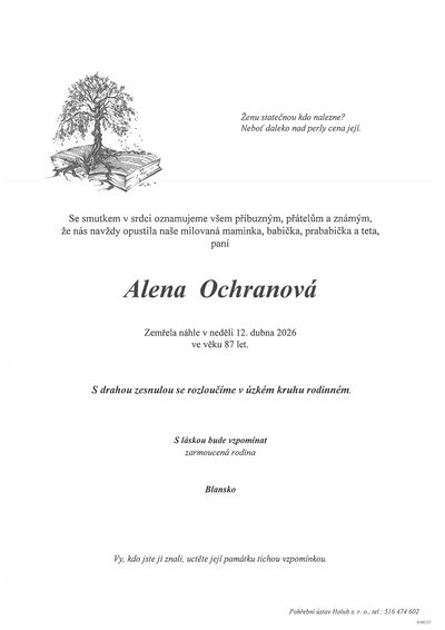 Smuteční oznámení – Alena Ochranová