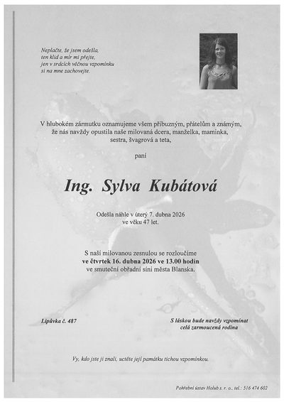 Smuteční oznámení – Ing. Sylva Kubátová