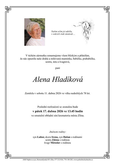 Smuteční oznámení – Alena Hladíková