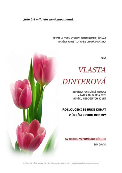 Smuteční oznámení – Vlasta Dinterová