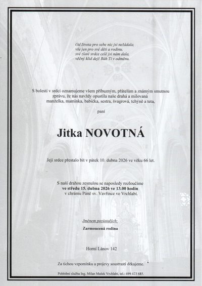 Smuteční oznámení – Jitka Novotná