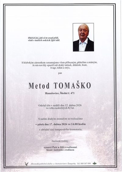 Smuteční oznámení – Metod Tomaško