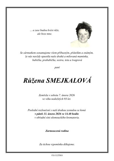 Smuteční oznámení – Růžena Smejkalová