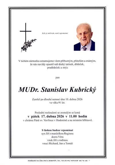 Smuteční oznámení – Stanislav Kubrický