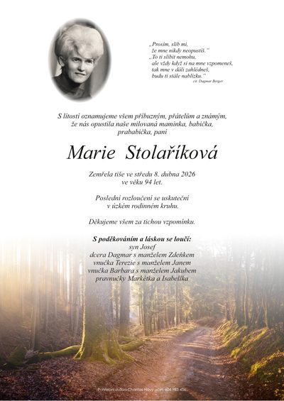 Smuteční oznámení – Marie Stolaříková