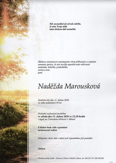 Smuteční oznámení – Naděžda Marousková