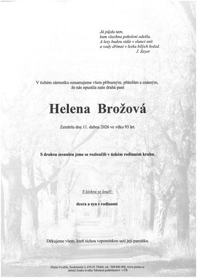 Smuteční oznámení – Helena Brožová
