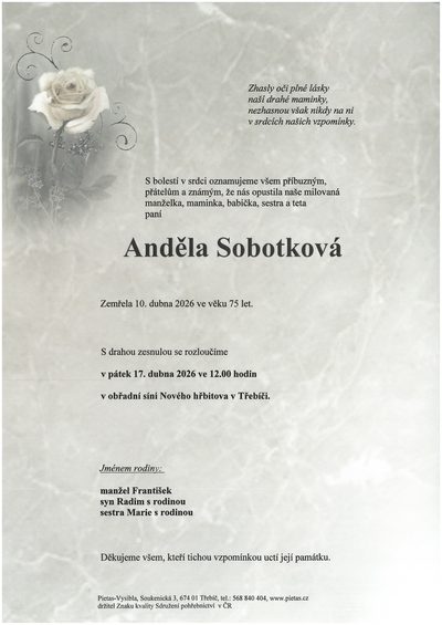 Smuteční oznámení – Anděla Sobotková